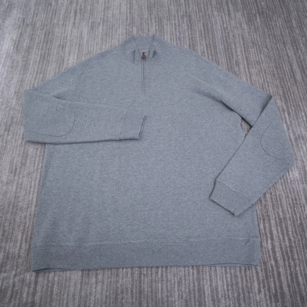 Lands End Mens XXL Gray 100% Cotton Quarter Zip Sweater Elbow Patches 50-52